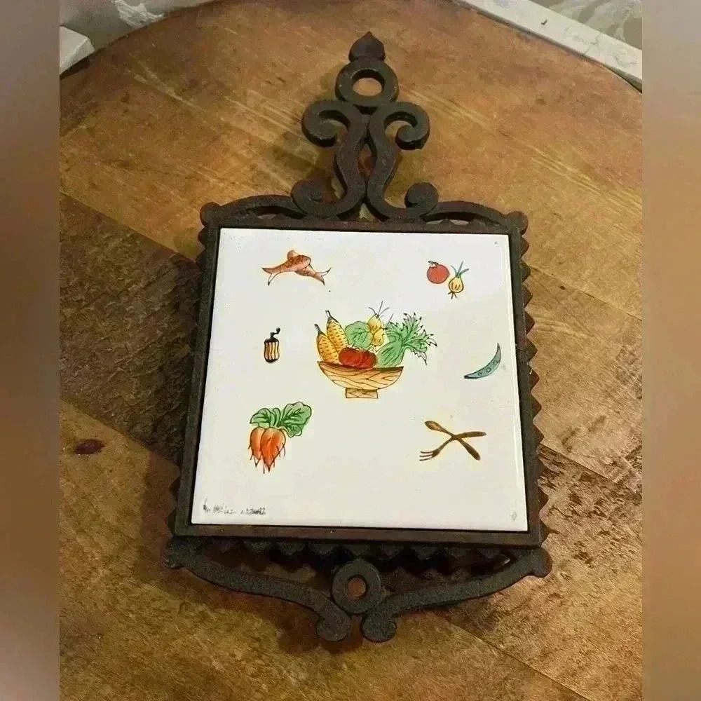 Vintage Hand Painted Cast Iron Tile / Trivet, Made in Japan